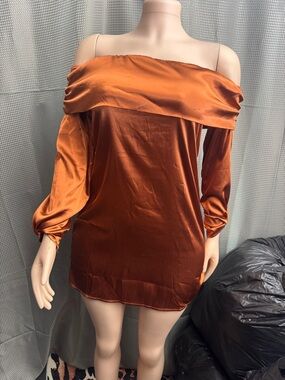 Off-Shoulder Satin Maxi Dress in Burnt Orange